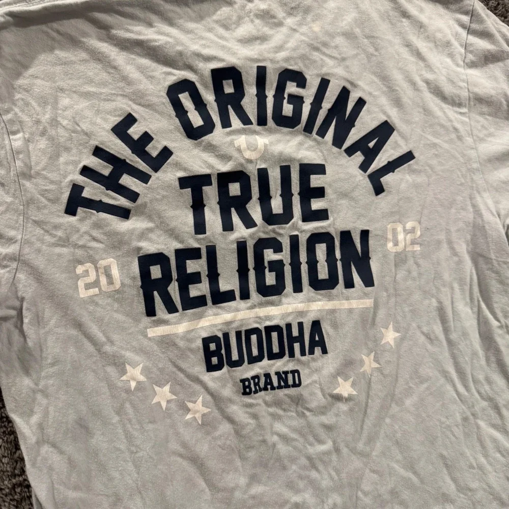 True Religion Mens Graphic T-Shirt Light Blue Buddha Brand Logo Tee Size M